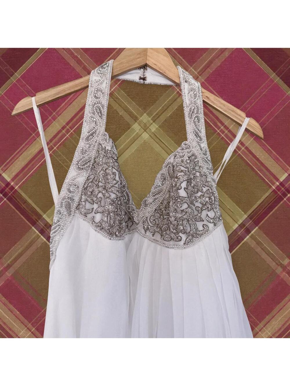 Bridal White Chiffon Halter Gown Silver Beaded Bodice Wedding Dress